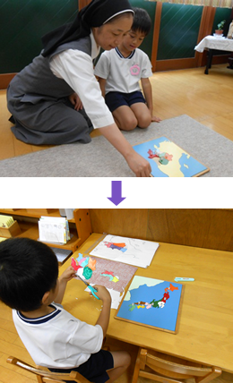 日本地図を作成する園児の写真
